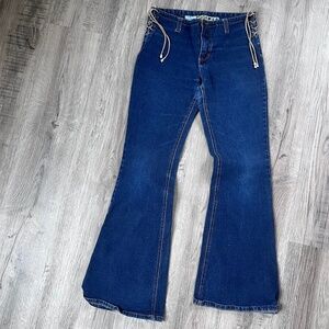 MUDD Vintage Y2K 2000’s Dark Blue Denim Lace Up Hips High Rise Flare Leg Jeans 9